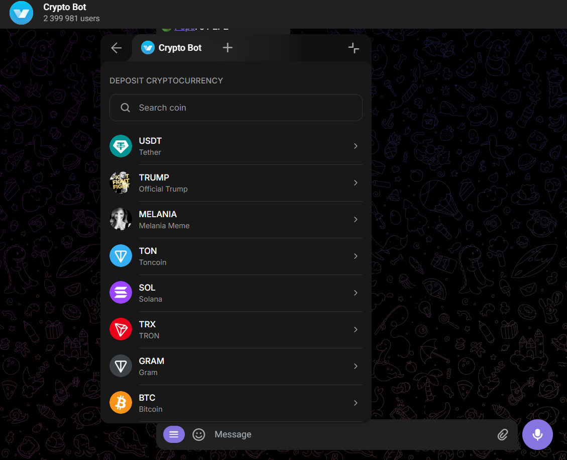 Выбор криптовалюты в Crypto Bot