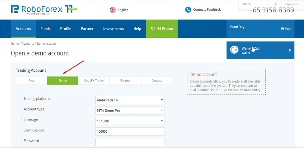 Parametri RoboForex e conferma dell'apertura del conto demo